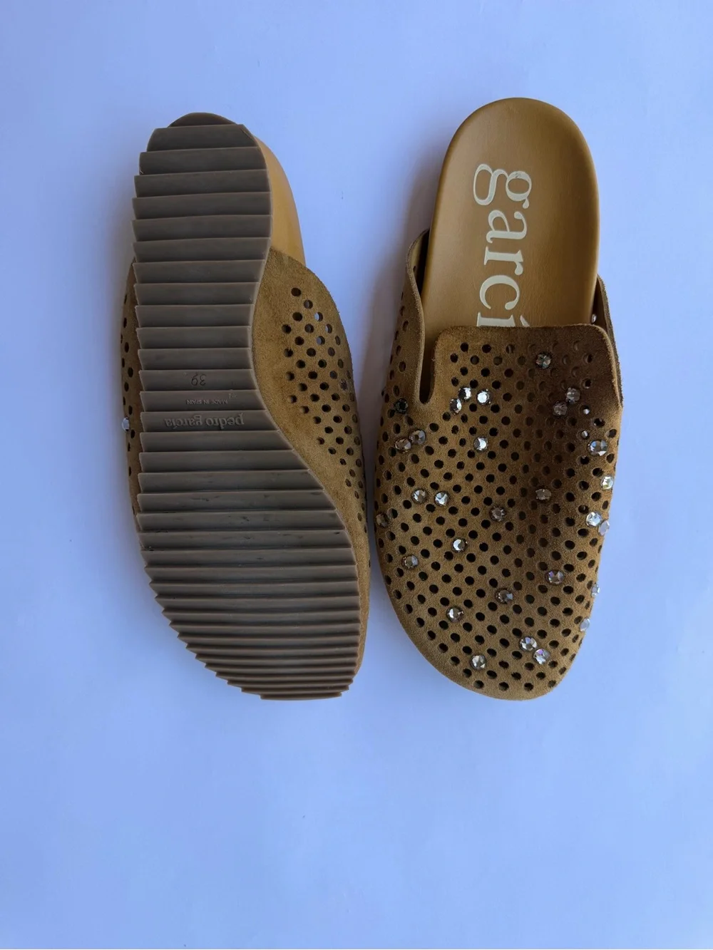 Pedro Garcia Tan Suede Crystal-Studded Slip-On Mules - Picture 4 of 4